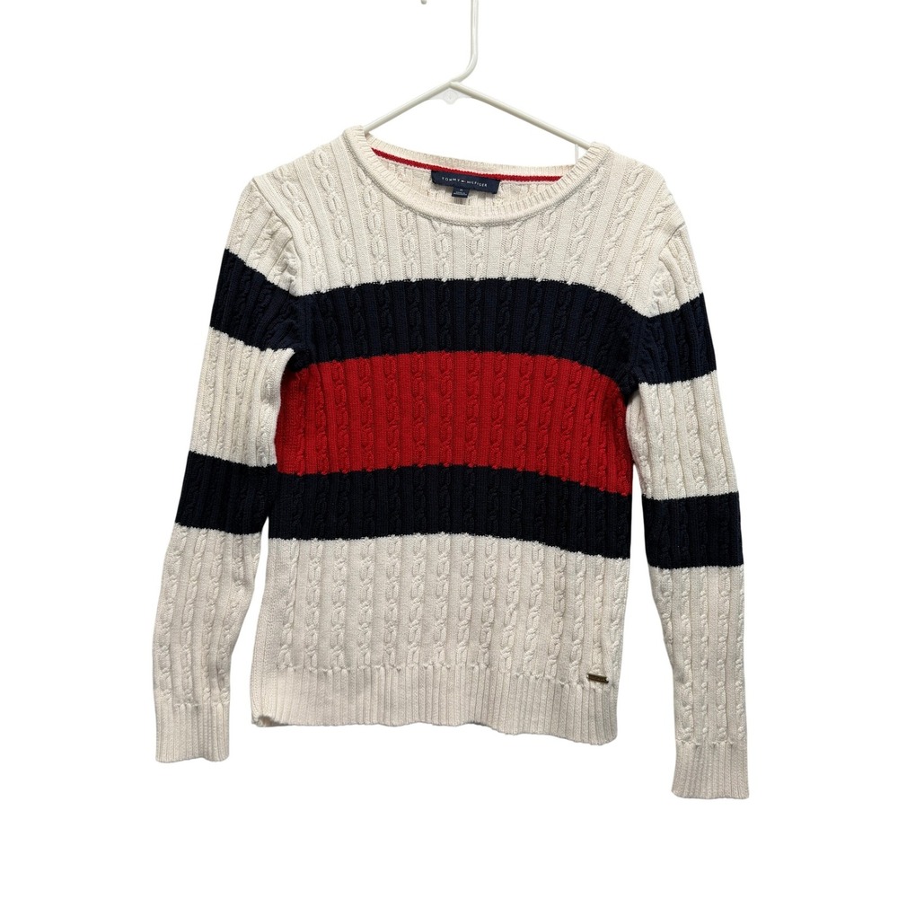 Tommy Hilfiger Womens M Striped Cable Knit Cotton Sweater Cream Navy Red Preppy